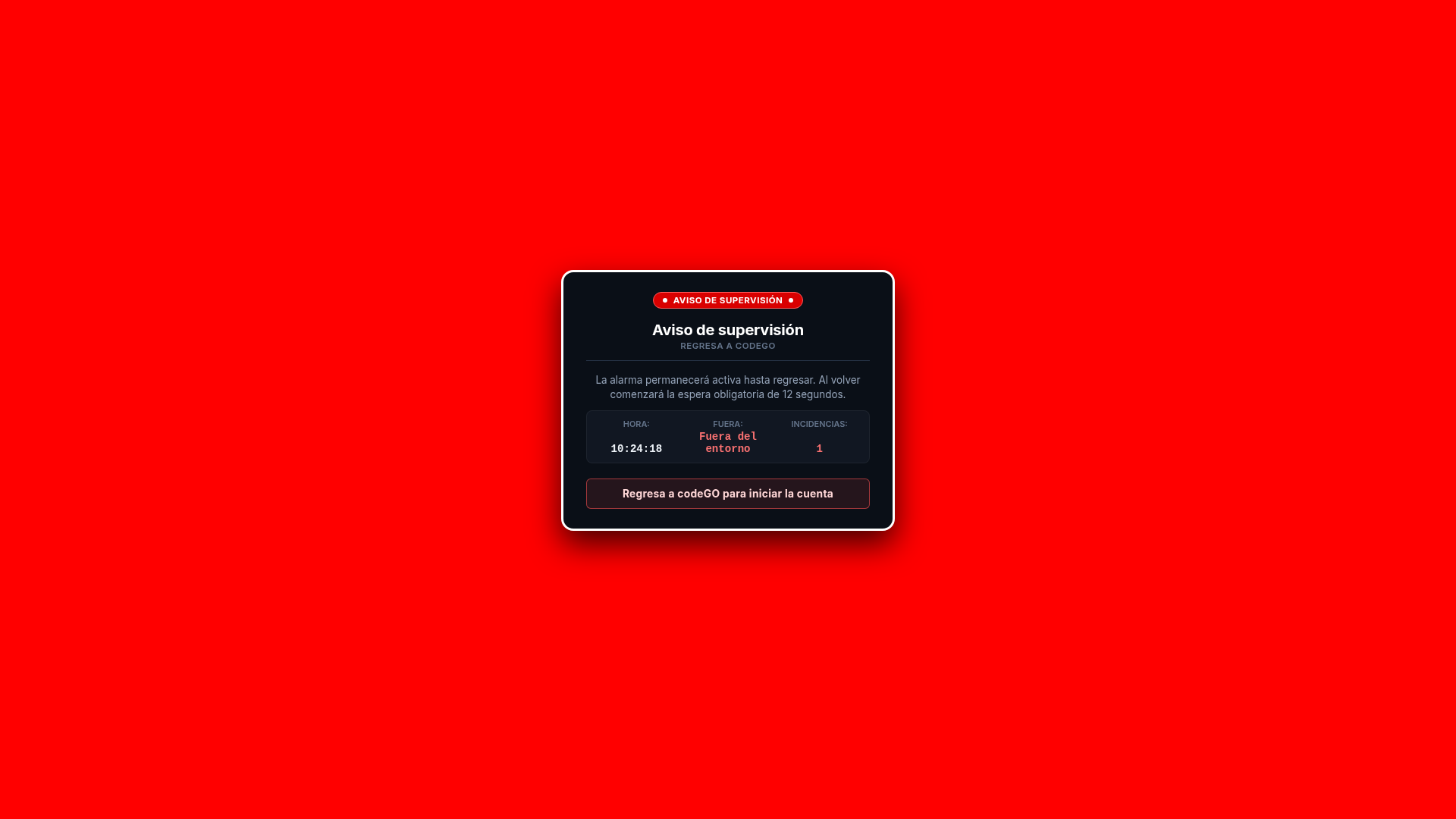 Alerta visual a pantalla completa de CodeGO con cuenta regresiva obligatoria de 12 segundos y parpadeo estroboscópico para alertar al docente