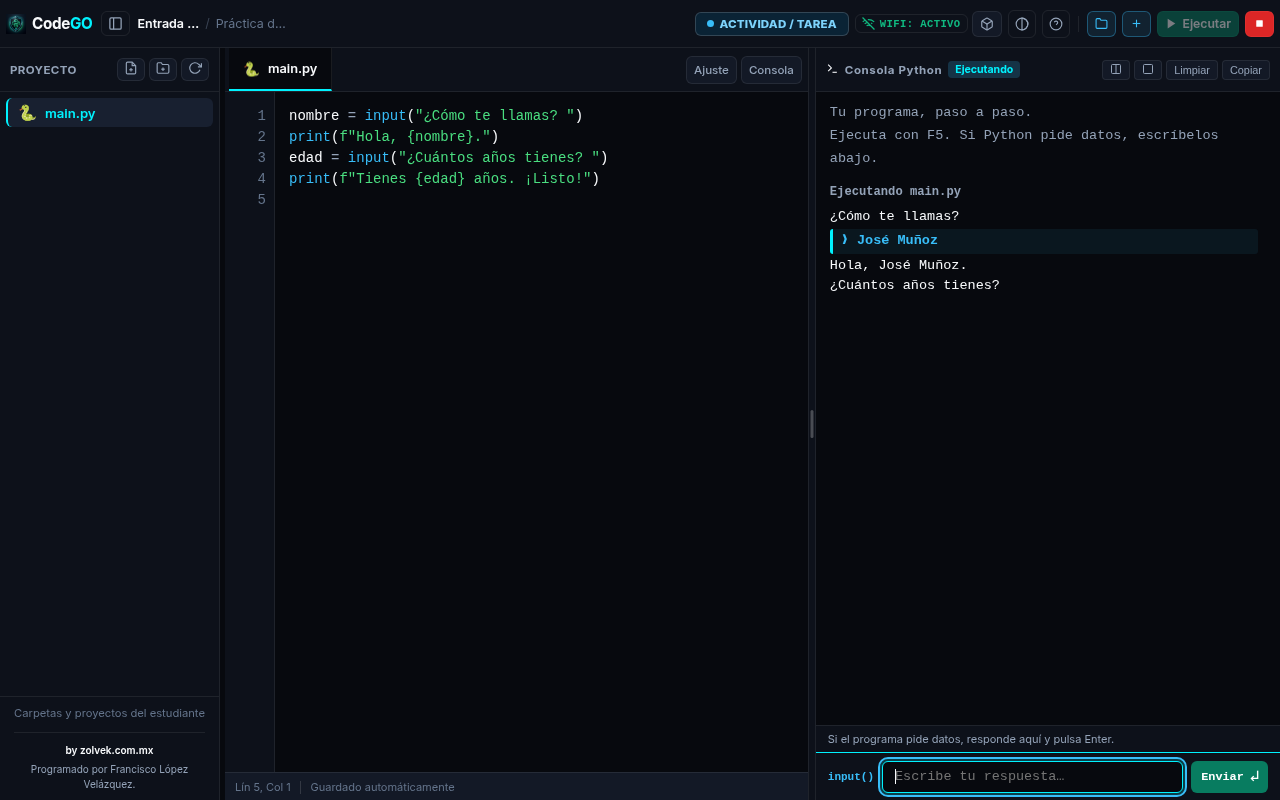 Interfaz real de CodeGO con código Python y consola interactiva
