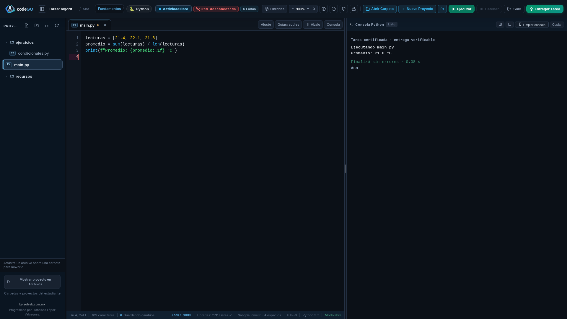 Modo Tarea de codeGO con edición flexible y botón de entrega firmada